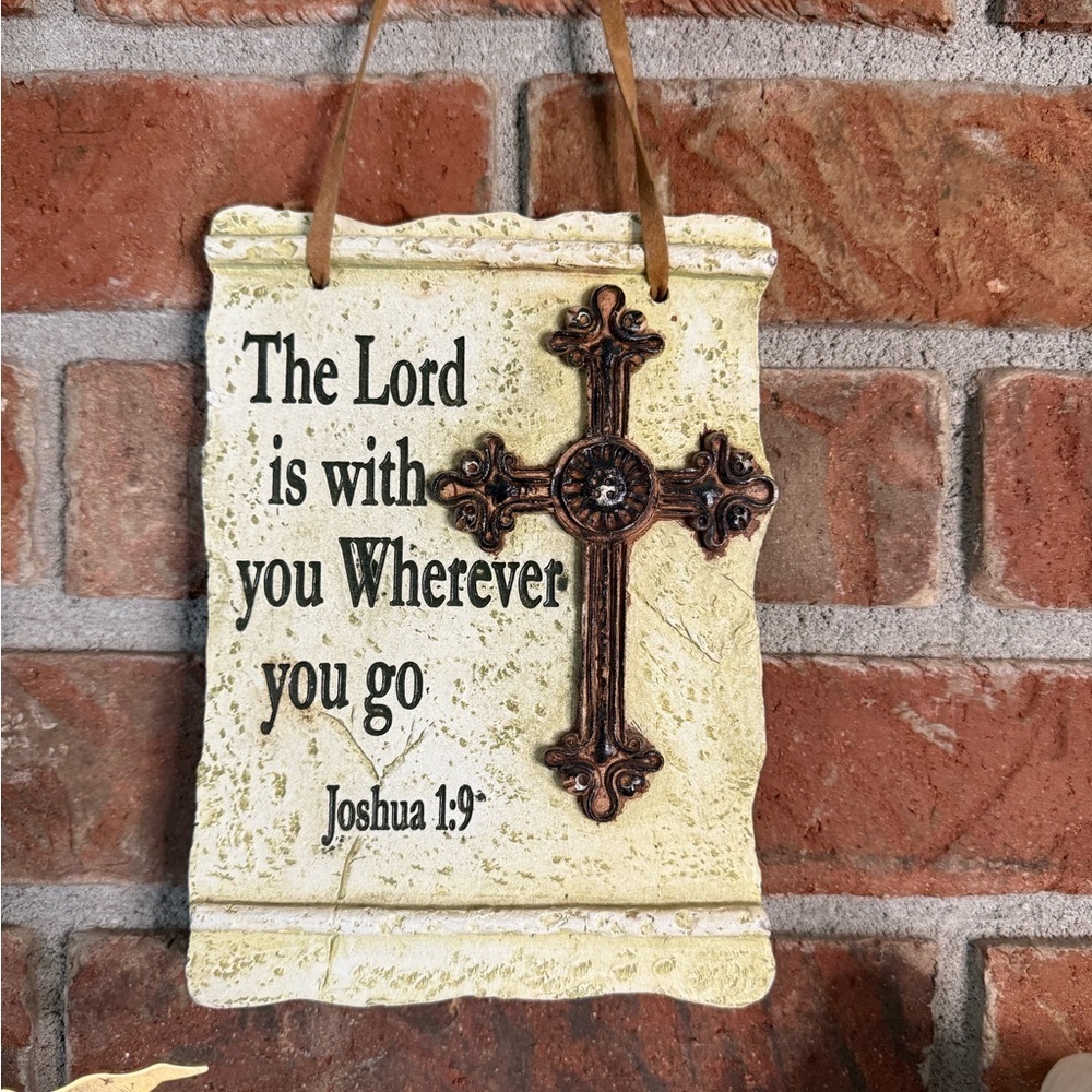 Vintage Inspirational Cream Wall Plaque Bronze Cross Joshua 1:9 Collectible